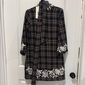 Fanm Mon Navy and White Plaid Dress with Floral Embroidery